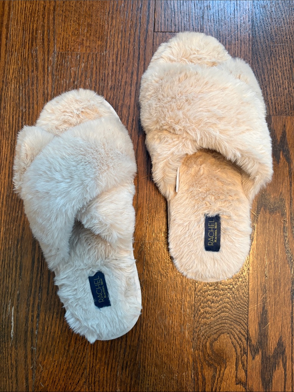 Rachel Plush Crisscross Slide Slippers in Beige
